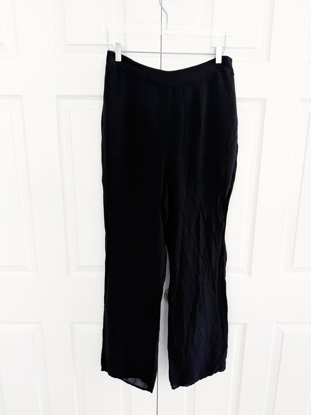 Good American Sheer Wide Leg Pull-On Pants Black Smocked Waist Resortwear Chic